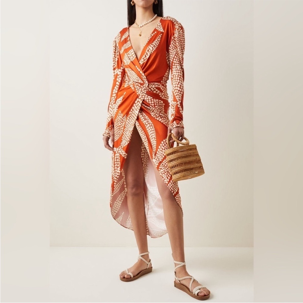Johanna Ortiz Orange Printed Knot-Front Long Sleeve Midi Dress